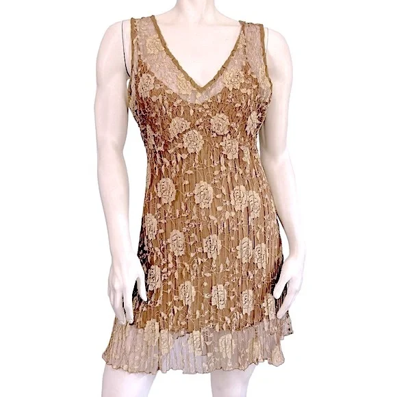 Komarov | Dresses | Komarov Golden Brown Sheer Floral Mesh Lace Plisse  Corset Back Mini Dress | Poshmark